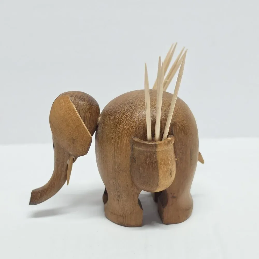Vintage Wooden Elephant Toothpick Holder Kitchen Colonial Decor Appetizers As Is